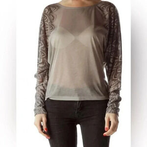 BCBGMAXAZRIA | Lucia Tan Bohemian Sheer Printed Long Sleeves Blouse Size XXS
